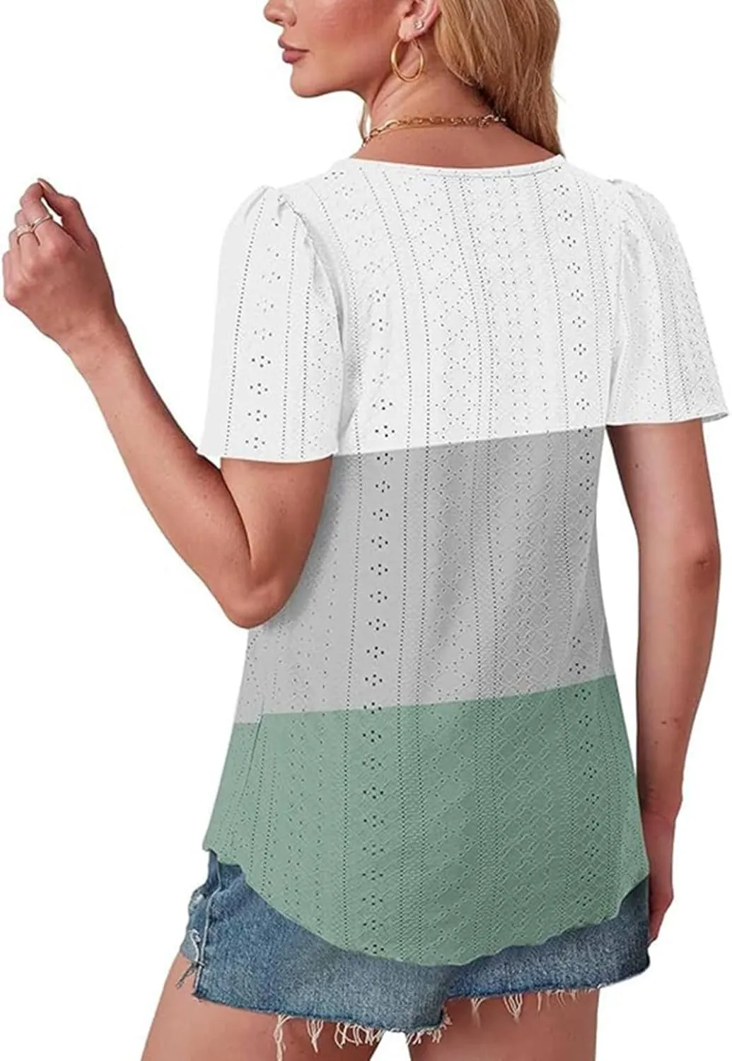 2025 Summer Womens Short Sleeve Tops Dressy Casual Eyelet Embroidery Crewneck T Shirts Trendy Loose Fit Deep V