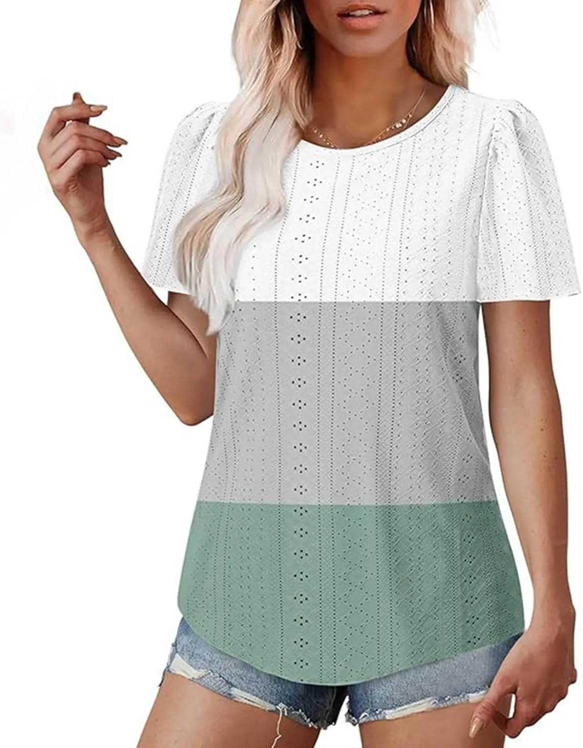 2025 Summer Womens Short Sleeve Tops Dressy Casual Eyelet Embroidery Crewneck T Shirts Trendy Loose Fit Deep V