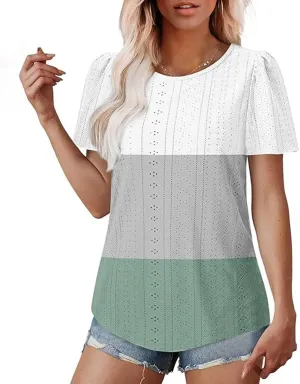 2025 Summer Womens Short Sleeve Tops Dressy Casual Eyelet Embroidery Crewneck T Shirts Trendy Loose Fit Deep V