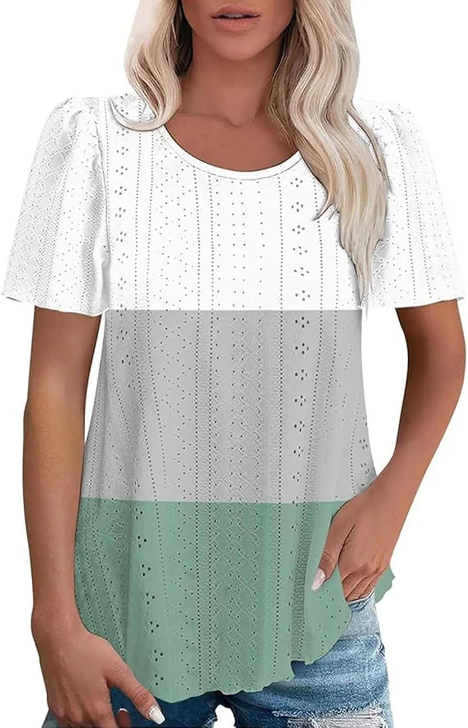 2025 Summer Womens Short Sleeve Tops Dressy Casual Eyelet Embroidery Crewneck T Shirts Trendy Loose Fit Deep V