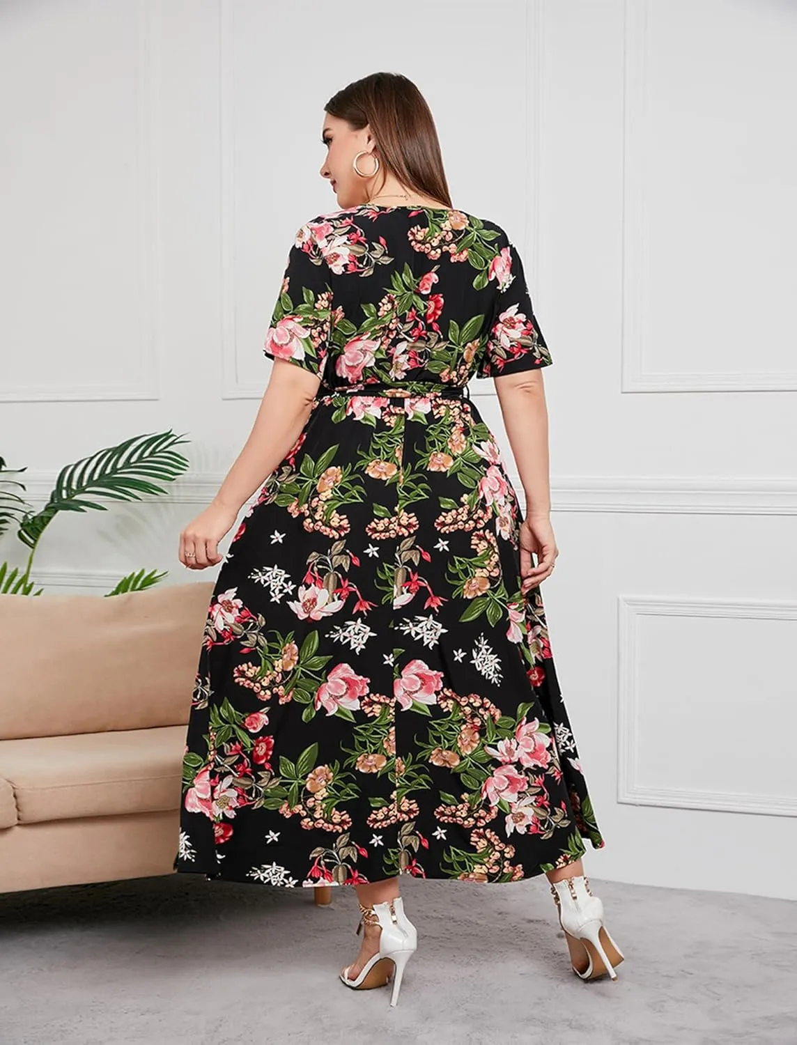 ABAFIP Women Plus Size Floral Maxi Dresses Wrap V Neck Boho Summer Dress Wedding Guest Flowy Long Dress