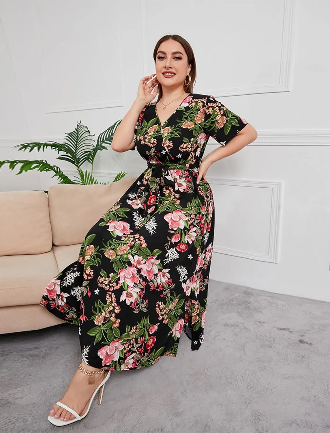 ABAFIP Women Plus Size Floral Maxi Dresses Wrap V Neck Boho Summer Dress Wedding Guest Flowy Long Dress