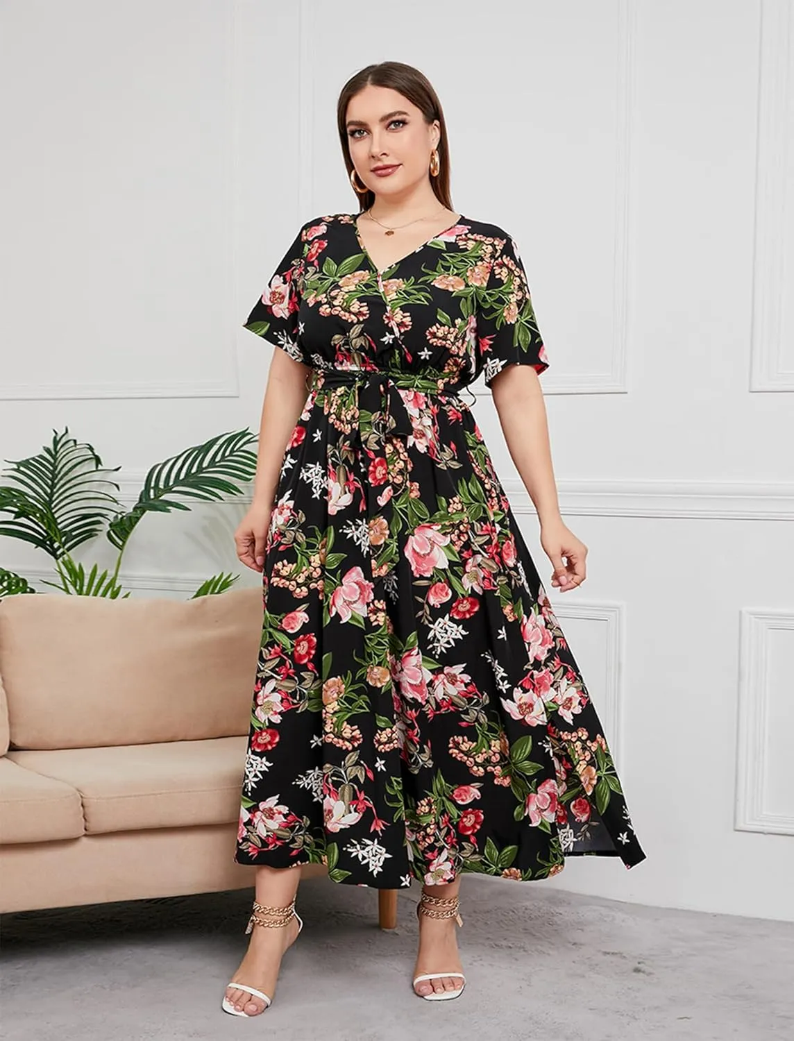 ABAFIP Women Plus Size Floral Maxi Dresses Wrap V Neck Boho Summer Dress Wedding Guest Flowy Long Dress