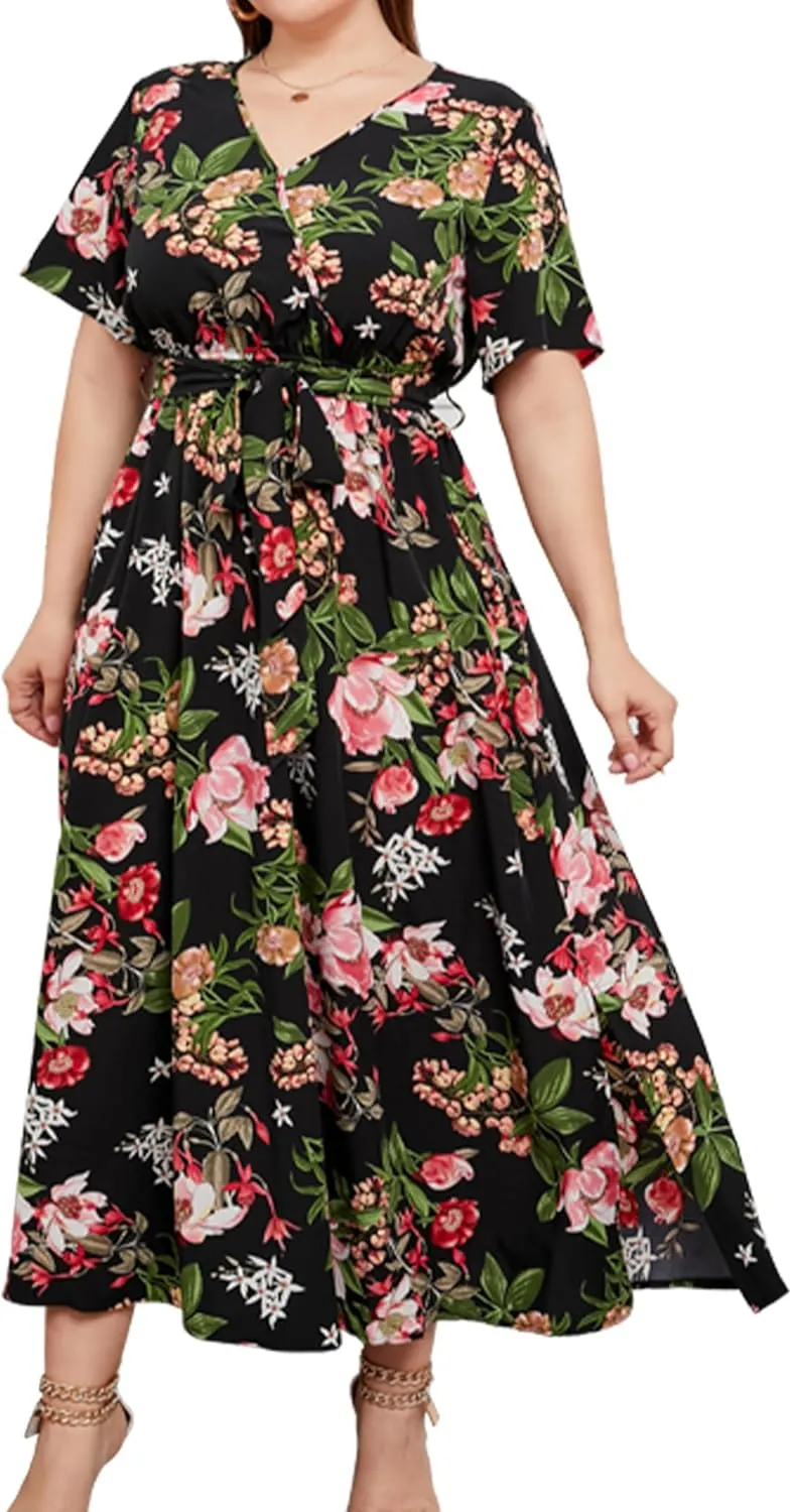 ABAFIP Women Plus Size Floral Maxi Dresses Wrap V Neck Boho Summer Dress Wedding Guest Flowy Long Dress