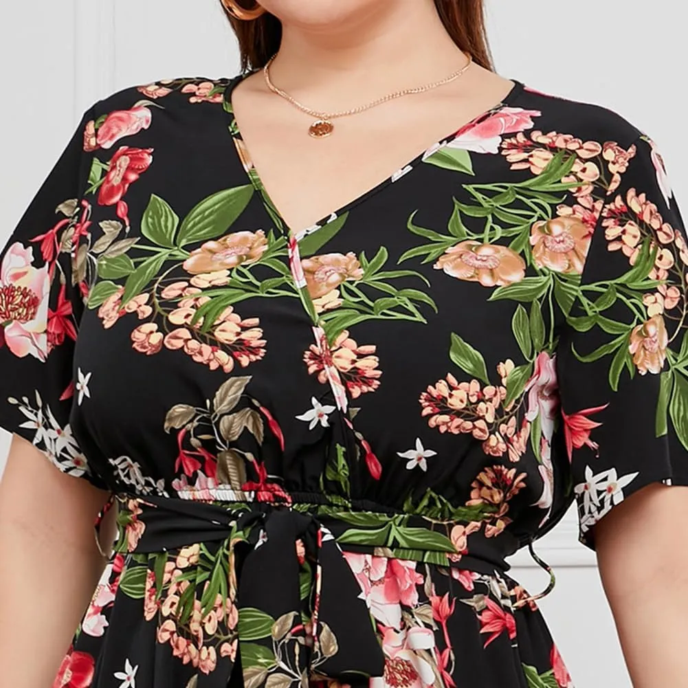 ABAFIP Women Plus Size Floral Maxi Dresses Wrap V Neck Boho Summer Dress Wedding Guest Flowy Long Dress