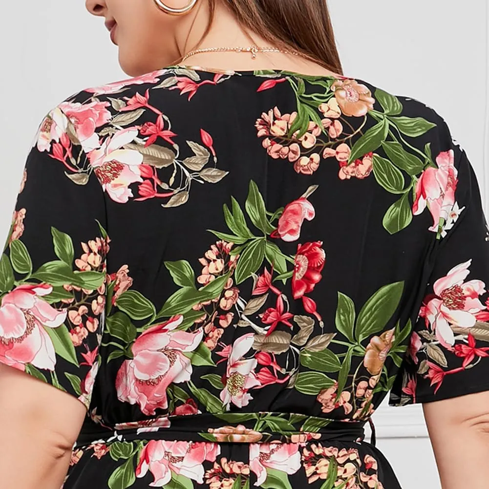 ABAFIP Women Plus Size Floral Maxi Dresses Wrap V Neck Boho Summer Dress Wedding Guest Flowy Long Dress