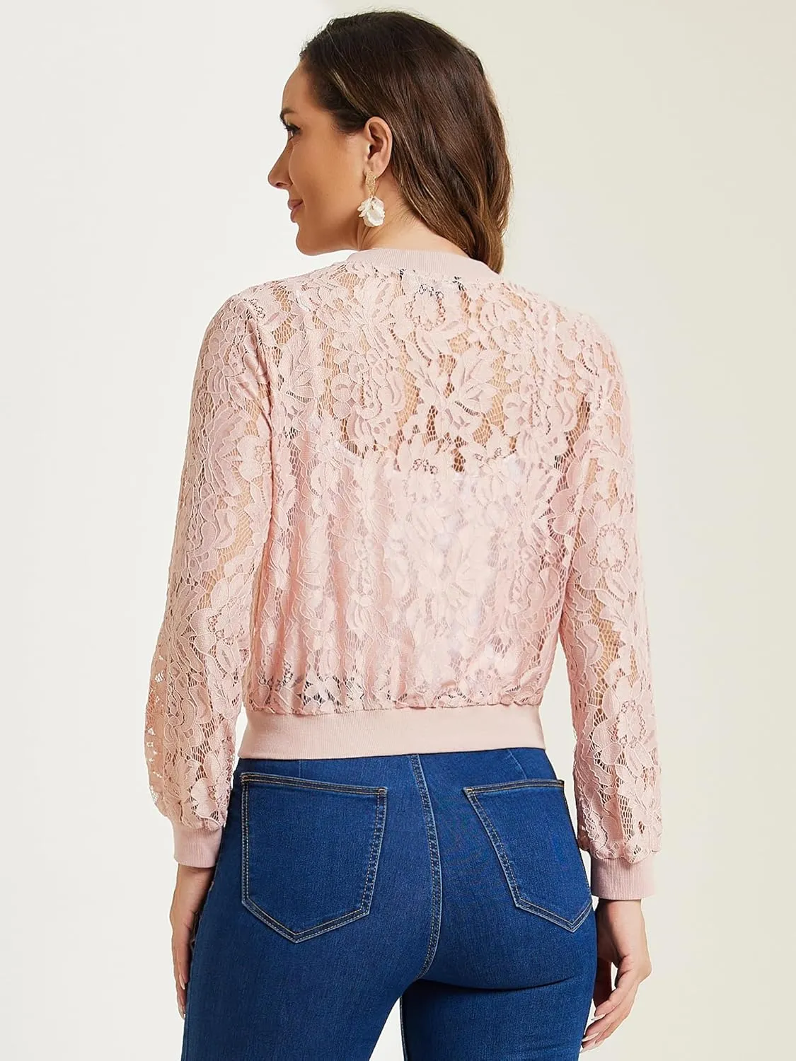 Allegra K Lace Jackets for Women's Stand Collar Zip Up Lightweight Gothic Sheer Baseball Jacket