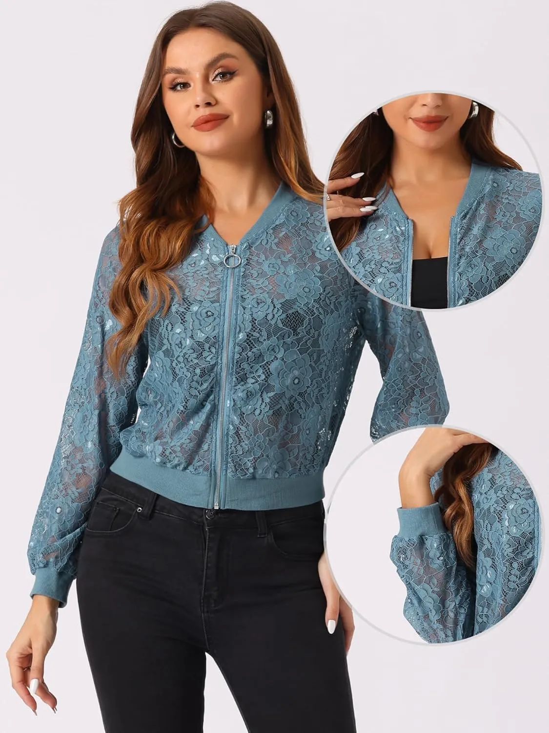 Allegra K Lace Jackets for Women's Stand Collar Zip Up Lightweight Gothic Sheer Baseball Jacket