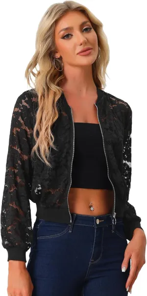 Allegra K Lace Jackets for Women's Stand Collar Zip Up Lightweight Gothic Sheer Baseball Jacket