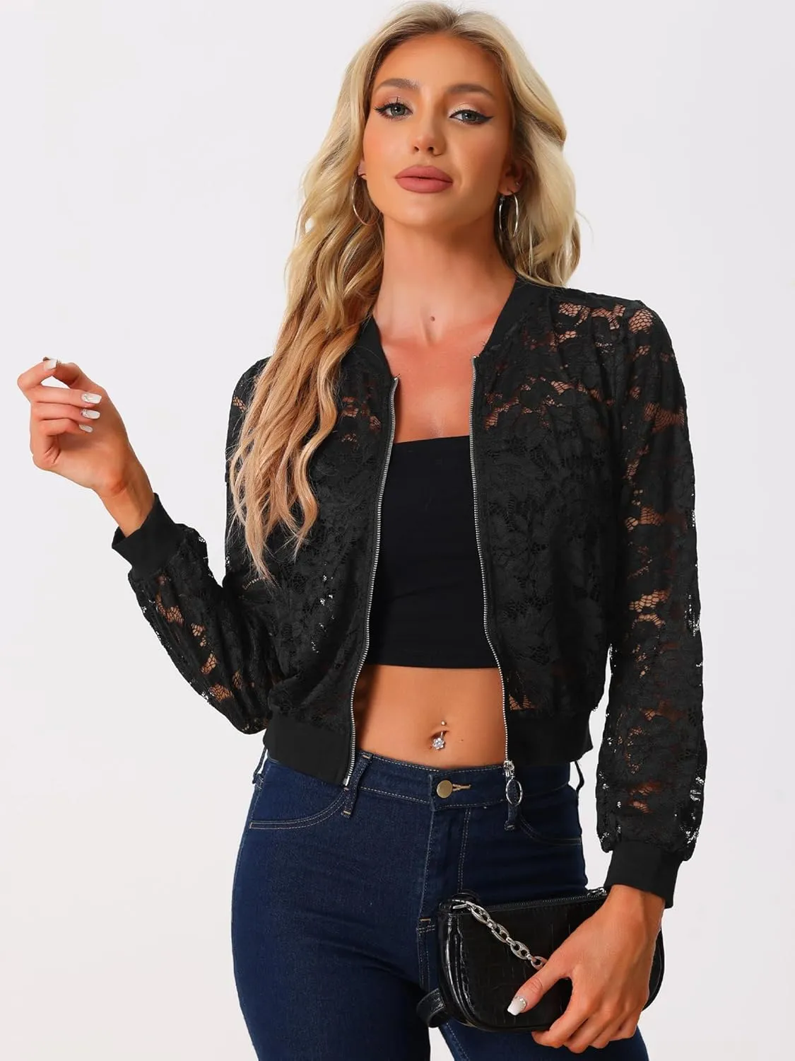 Allegra K Lace Jackets for Women's Stand Collar Zip Up Lightweight Gothic Sheer Baseball Jacket