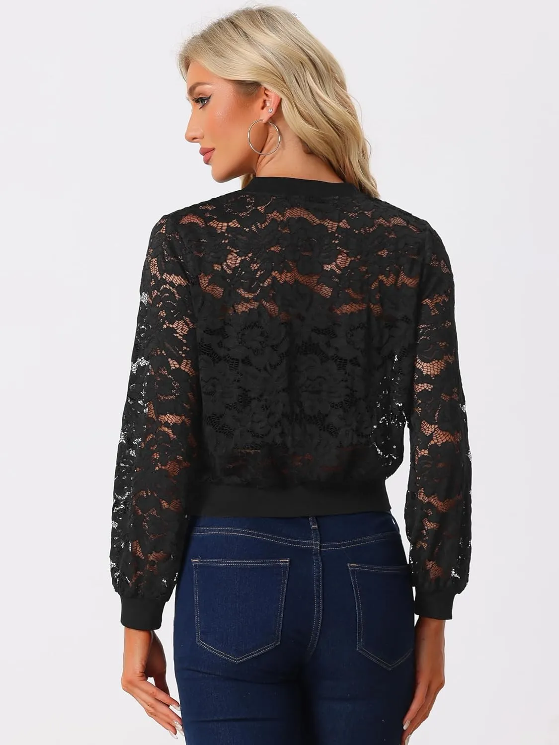 Allegra K Lace Jackets for Women's Stand Collar Zip Up Lightweight Gothic Sheer Baseball Jacket