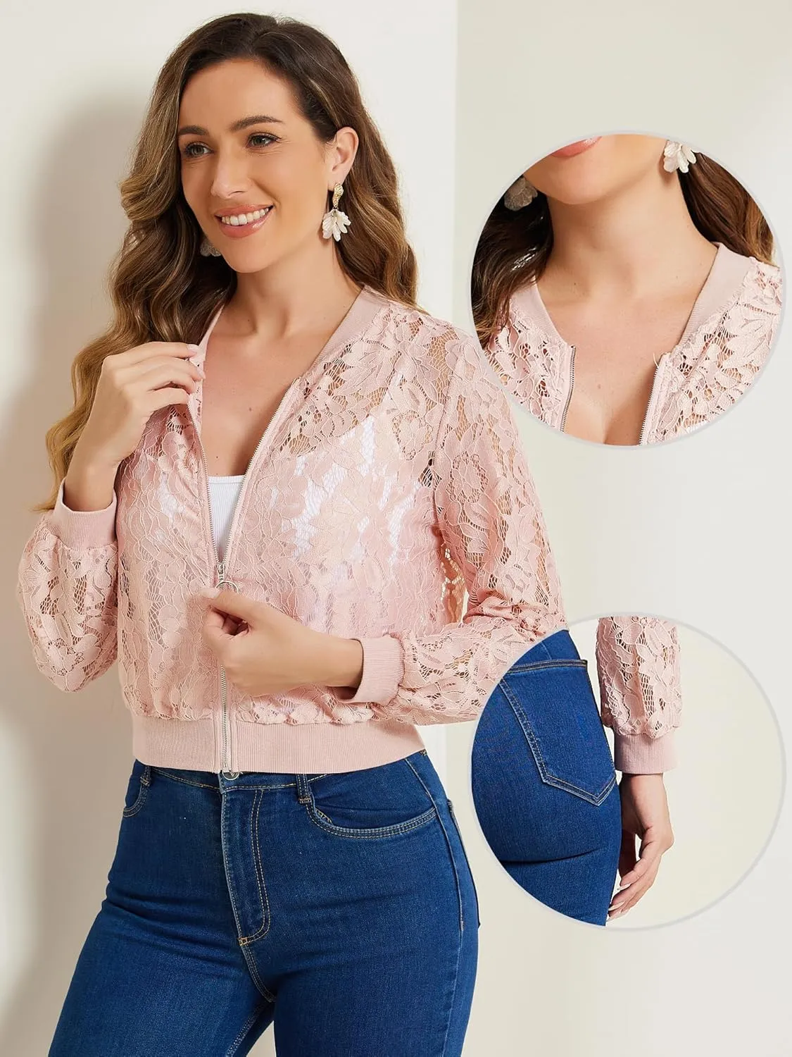 Allegra K Lace Jackets for Women's Stand Collar Zip Up Lightweight Gothic Sheer Baseball Jacket