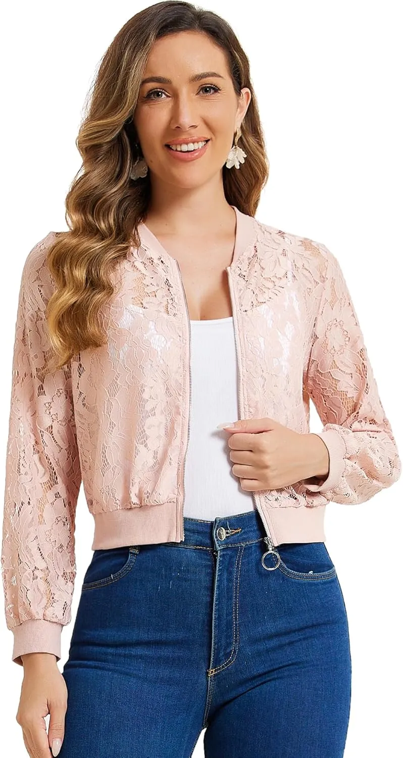 Allegra K Lace Jackets for Women's Stand Collar Zip Up Lightweight Gothic Sheer Baseball Jacket