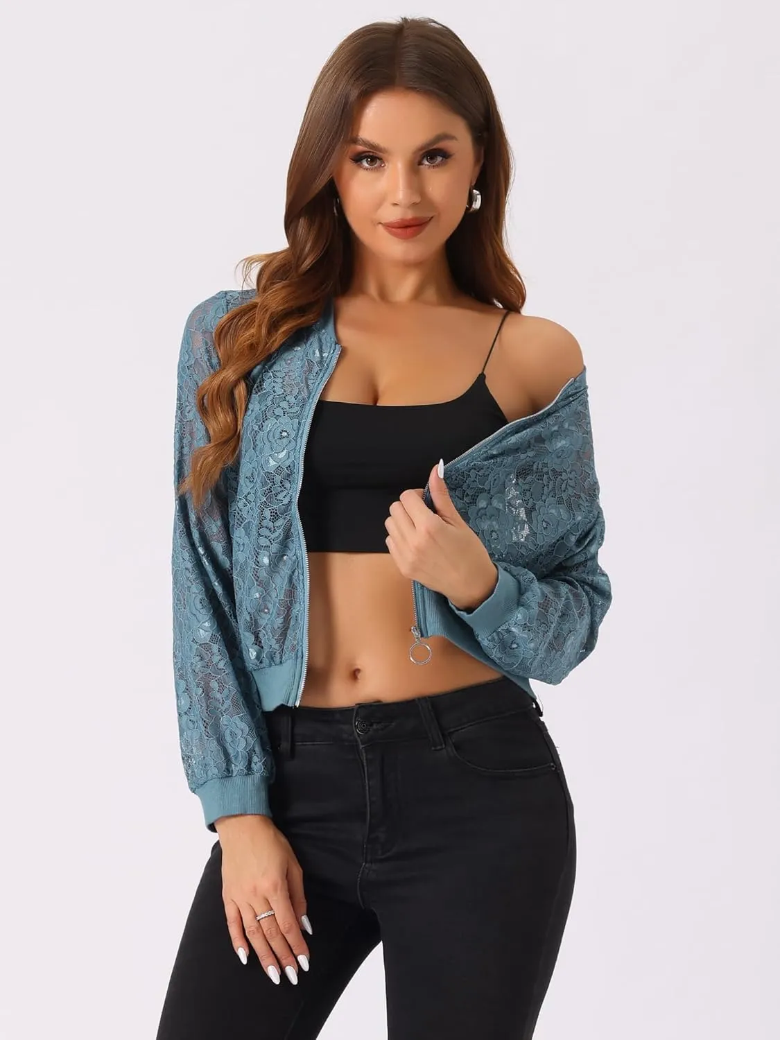 Allegra K Lace Jackets for Women's Stand Collar Zip Up Lightweight Gothic Sheer Baseball Jacket
