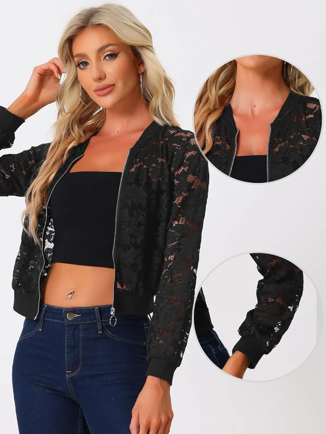 Allegra K Lace Jackets for Women's Stand Collar Zip Up Lightweight Gothic Sheer Baseball Jacket