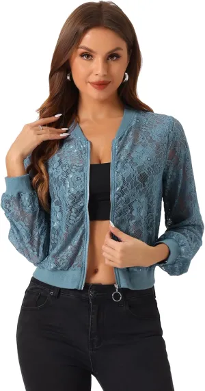 Allegra K Lace Jackets for Women's Stand Collar Zip Up Lightweight Gothic Sheer Baseball Jacket