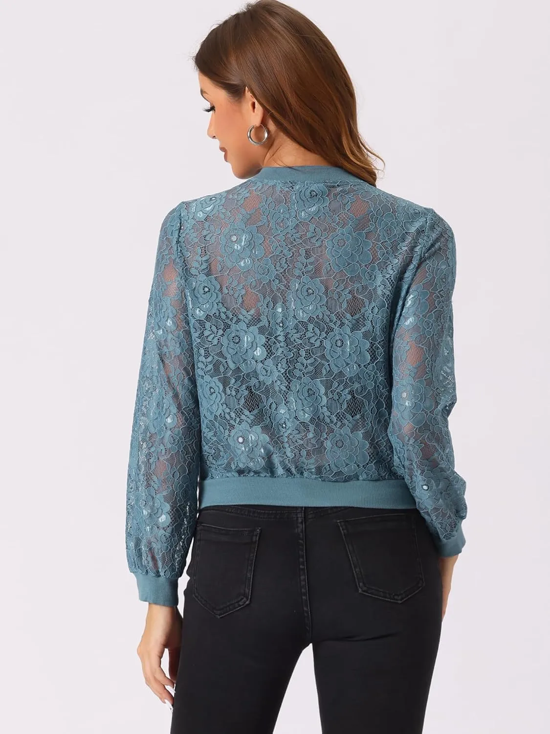 Allegra K Lace Jackets for Women's Stand Collar Zip Up Lightweight Gothic Sheer Baseball Jacket