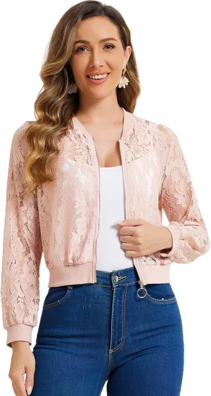 Allegra K Lace Jackets for Women's Stand Collar Zip Up Lightweight Gothic Sheer Baseball Jacket