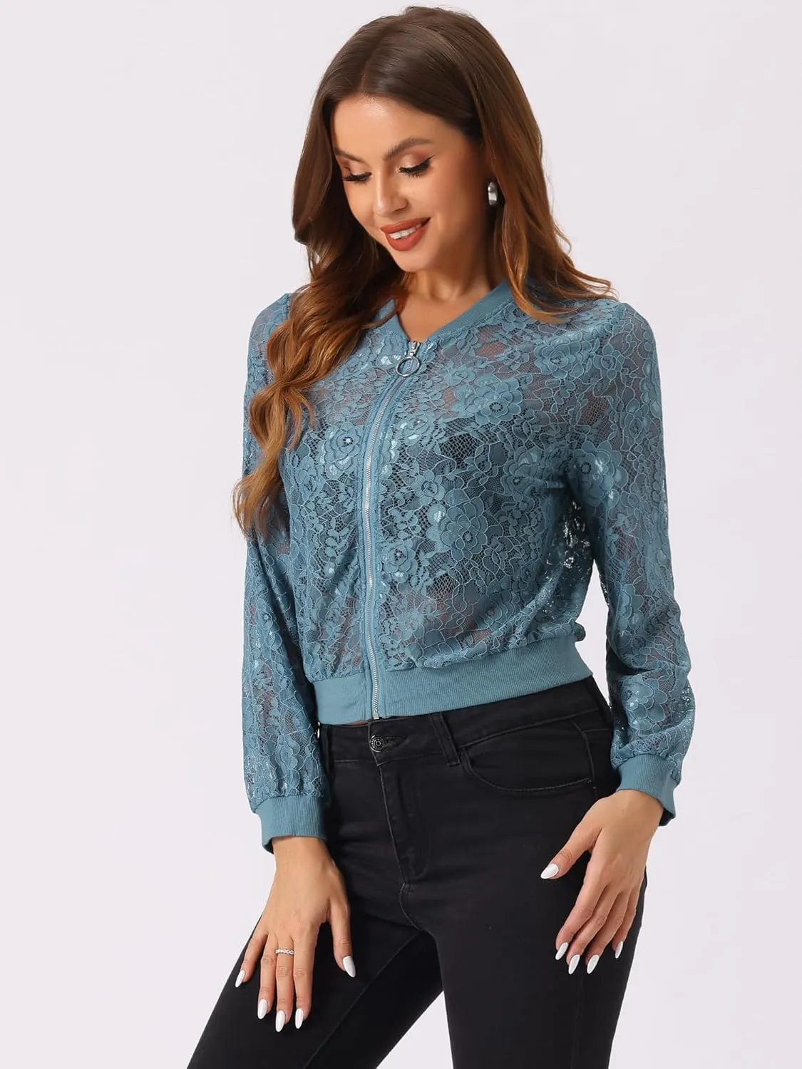 Allegra K Lace Jackets for Women's Stand Collar Zip Up Lightweight Gothic Sheer Baseball Jacket