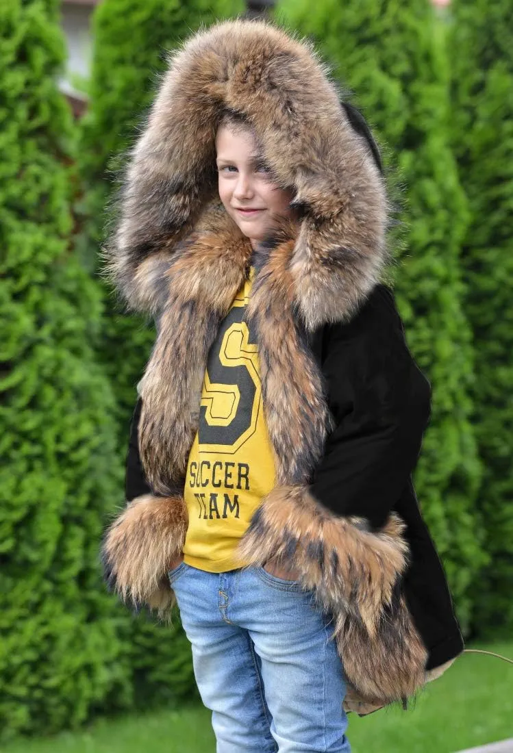 Aofur Kids Boys Fashion Hooded Fur Coat Fleece Lining Jacket Outdoor Trench Parka Warm Thick Winter Anorak Outwear