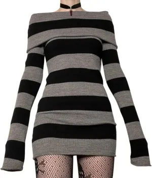 Aopwsrlyi Women's Stripped Long Sleeve Sweater Dress Y2K Off Shoulder Slash Neck Knit Bodycon Mini Dress