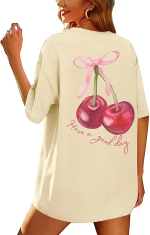BINTEHGS Oversized Graphic Tees for Women Trendy Cherry Printed Shirt Cute Summer Aesthetic Cotton Tshirts Tops for Teens