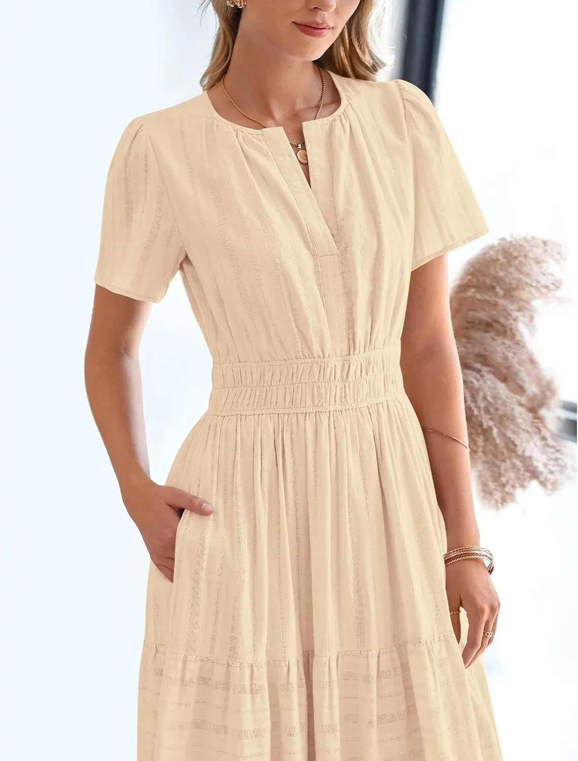 BTFBM Womens Summer 2025 Casual Midi Maxi Dresses Lightweight Short Sleeve V Neck Elastic Waist Boho Beach Dress Pockets