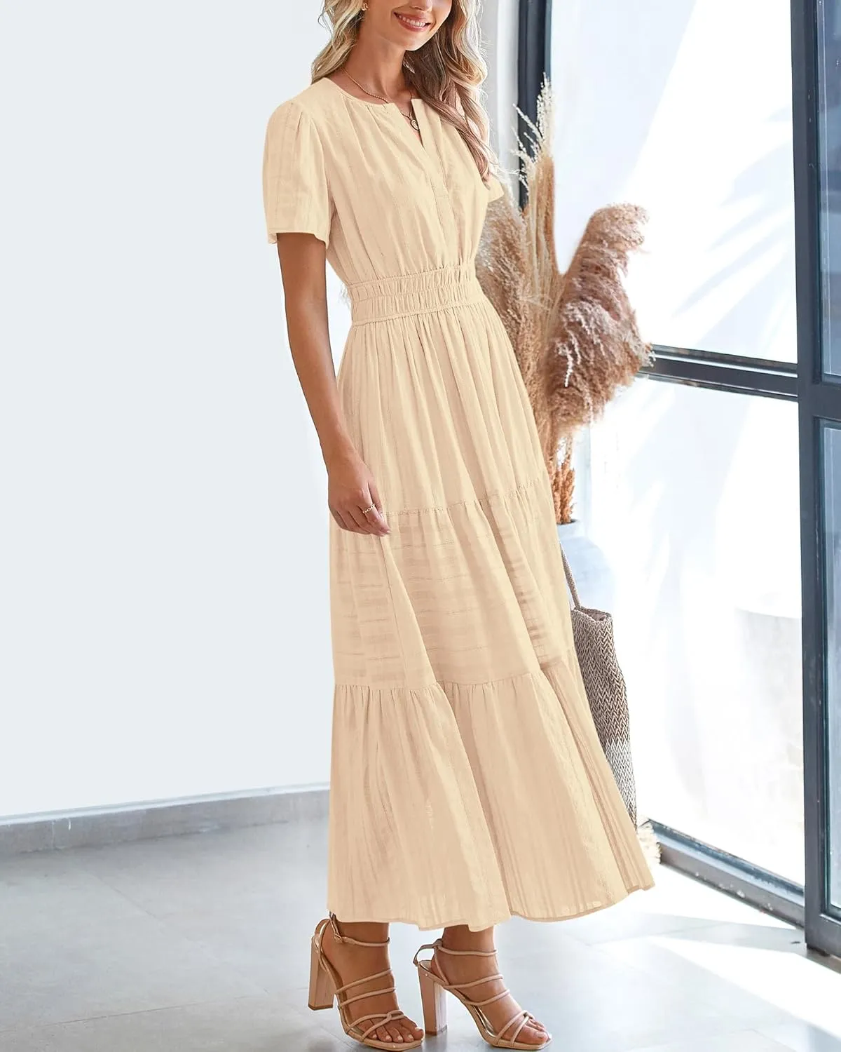 BTFBM Womens Summer 2025 Casual Midi Maxi Dresses Lightweight Short Sleeve V Neck Elastic Waist Boho Beach Dress Pockets