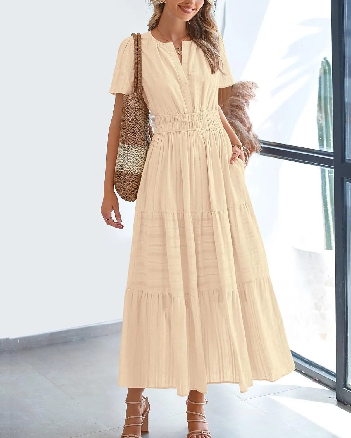 BTFBM Womens Summer 2025 Casual Midi Maxi Dresses Lightweight Short Sleeve V Neck Elastic Waist Boho Beach Dress Pockets