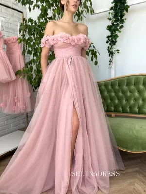 Chic Beautiful Long Prom Dress With Flower Off-the-shoulder Pink Princess Formal Dress Evening Dress JKSS43 Chic Beautiful Long Prom Dress With Flower Off-the-shoulder Pink Princess Formal Dress Evening Dress JKSS43