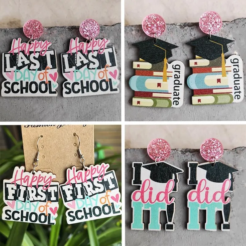 Colorful Teacher Students Earrings First Day of School Wooden Letter Drop Earrings Book Last Day Earrings Back to School Teacher Appreciation Graduation Gifts