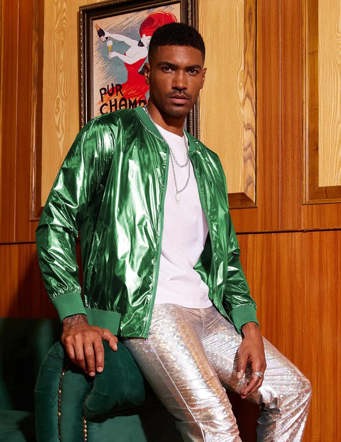 COOFANDY Men's Metallic Jacket 70s Disco Party Varsity Jacket Zip-up Baseball Bomber