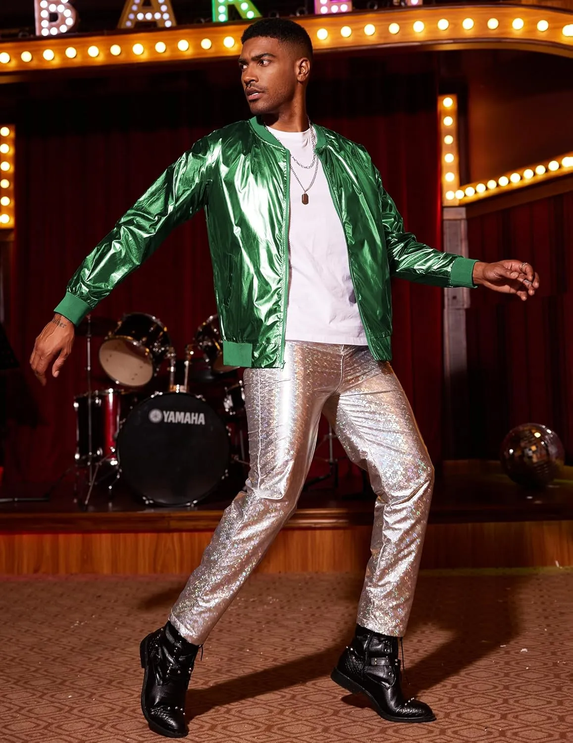 COOFANDY Men's Metallic Jacket 70s Disco Party Varsity Jacket Zip-up Baseball Bomber