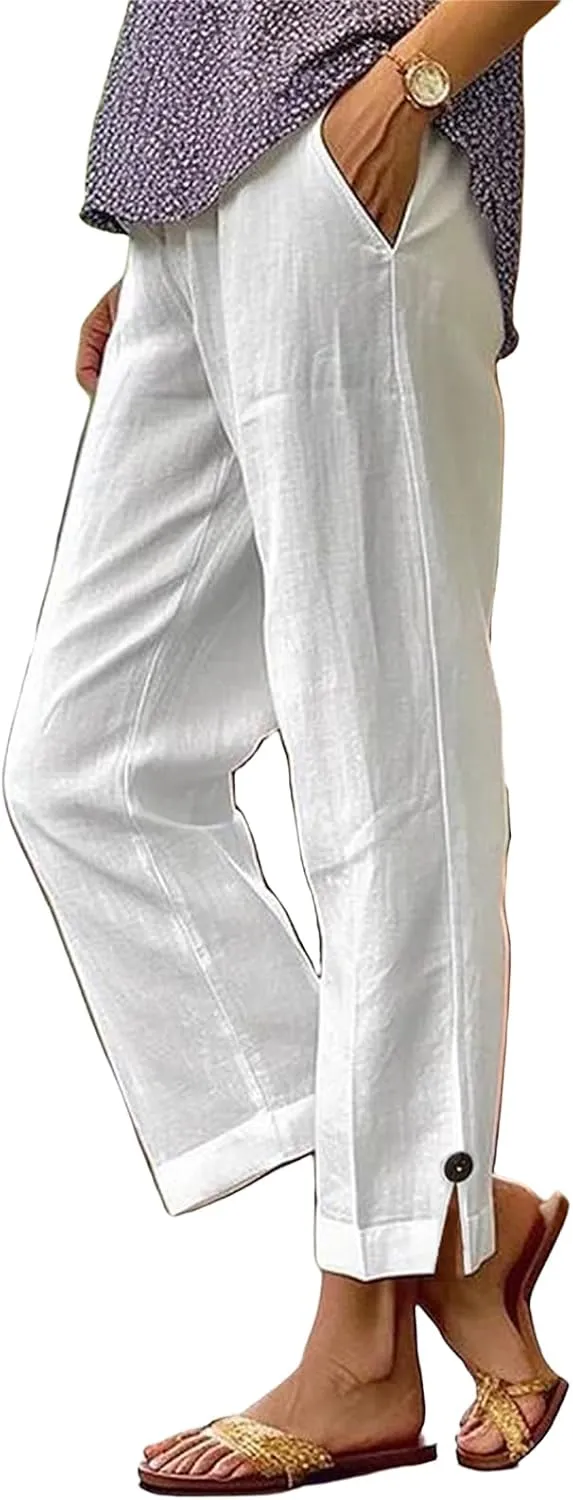 Cotton Linen Pants for Women Loose Fit High Waisted Elastic Drawstring Beach Pants Palazzo Trousers with Pockets