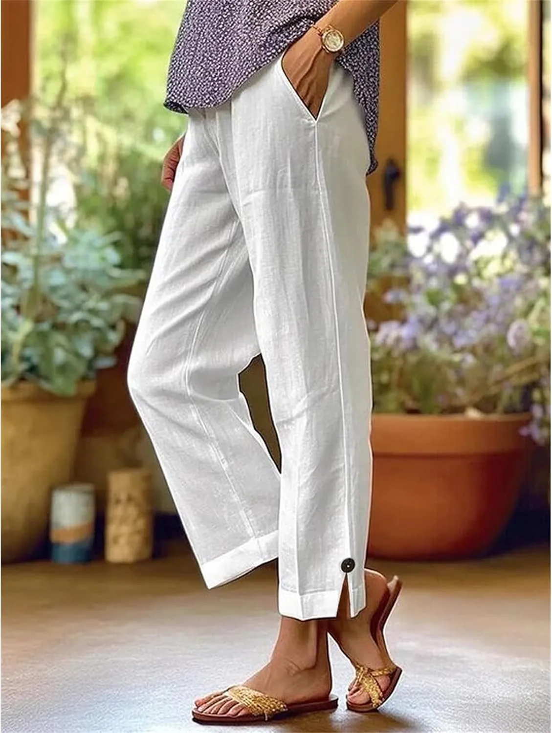 Cotton Linen Pants for Women Loose Fit High Waisted Elastic Drawstring Beach Pants Palazzo Trousers with Pockets