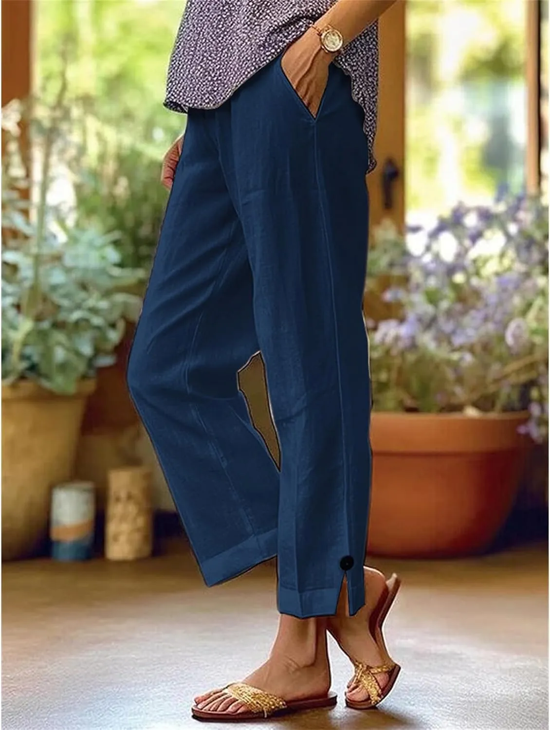 Cotton Linen Pants for Women Loose Fit High Waisted Elastic Drawstring Beach Pants Palazzo Trousers with Pockets