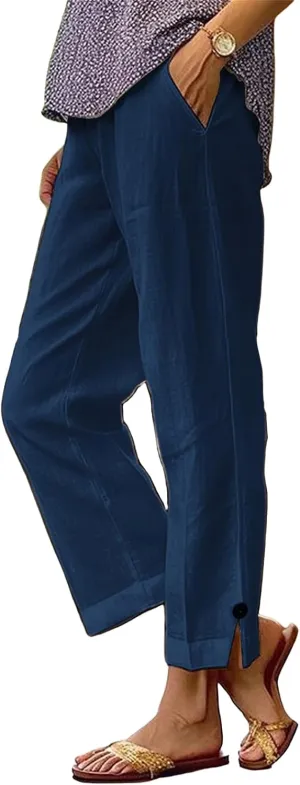 Cotton Linen Pants for Women Loose Fit High Waisted Elastic Drawstring Beach Pants Palazzo Trousers with Pockets