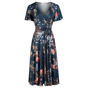 Dark Teal Green Floral Print Cap Sleeve V Neck Wrap Top Swing Dress