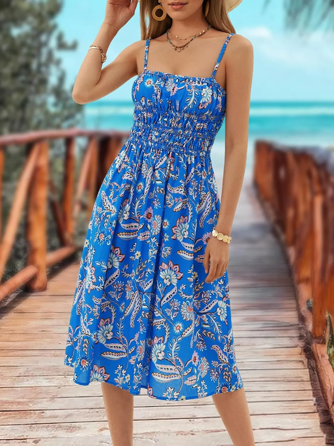 DIRASS 100% Cotton Dress for Women 2025 Summer Vacation Beach Smocked Midi Dress