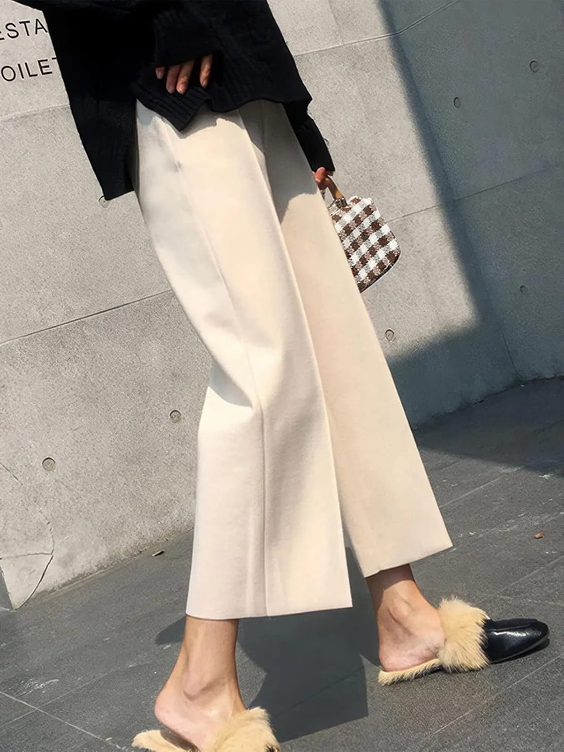 ebossy Women's Elastic Waist Wide Leg Wool Blend Capri Pants Casual Dressy Winter Warm Palazzo Trousers with Pockets