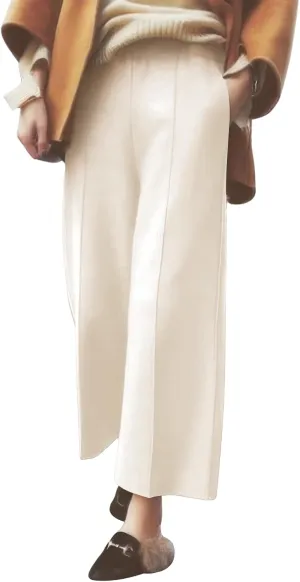 ebossy Women's Elastic Waist Wide Leg Wool Blend Capri Pants Casual Dressy Winter Warm Palazzo Trousers with Pockets