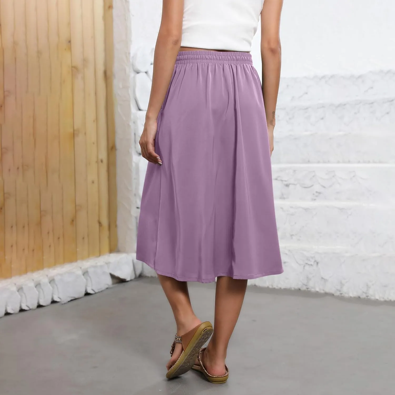 Flowy Skirt for Women Midi Length Drawstring Elastic High Waist A-Line Skirts with Pockets Bohemia Skirt 2025 Trendy
