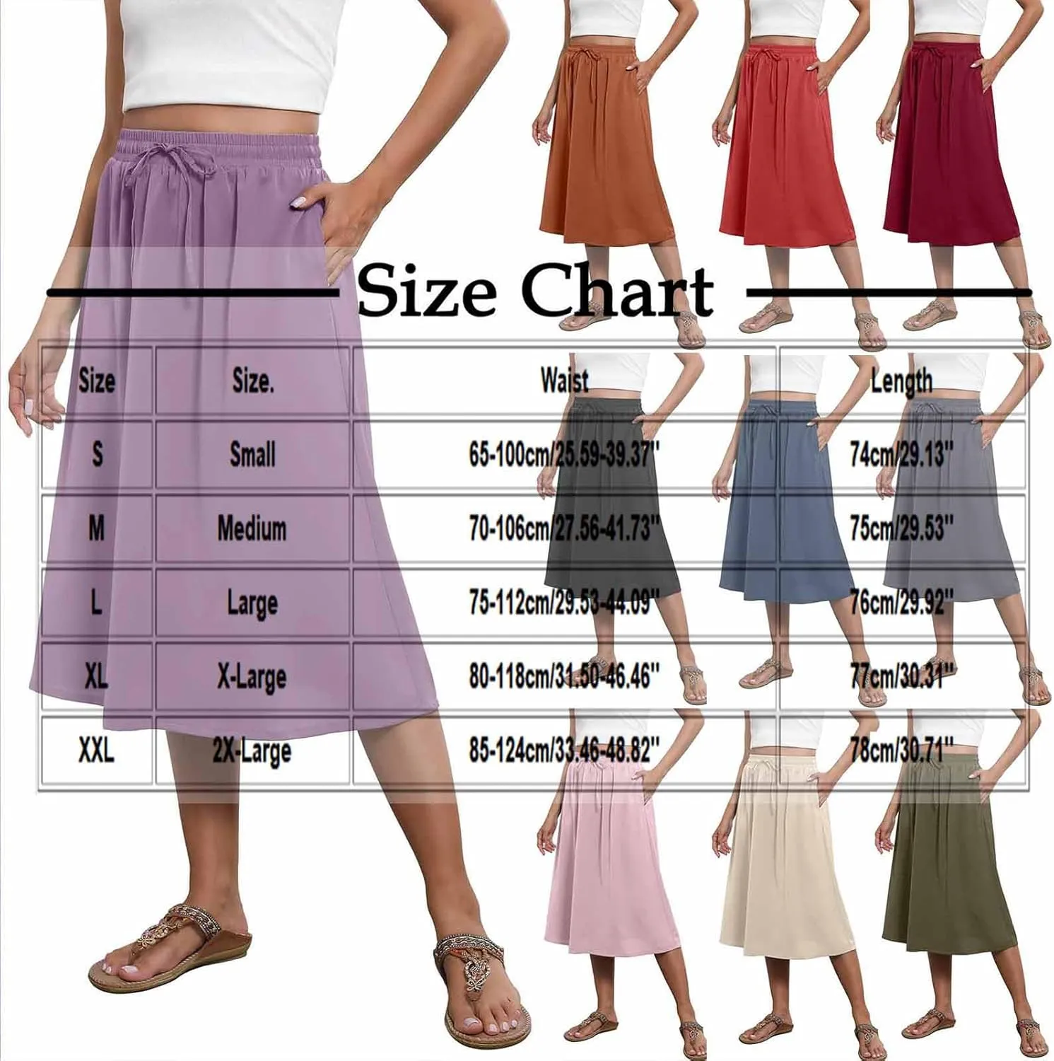 Flowy Skirt for Women Midi Length Drawstring Elastic High Waist A-Line Skirts with Pockets Bohemia Skirt 2025 Trendy
