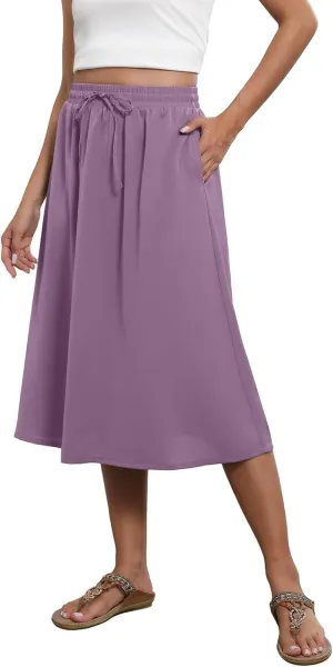 Flowy Skirt for Women Midi Length Drawstring Elastic High Waist A-Line Skirts with Pockets Bohemia Skirt 2025 Trendy