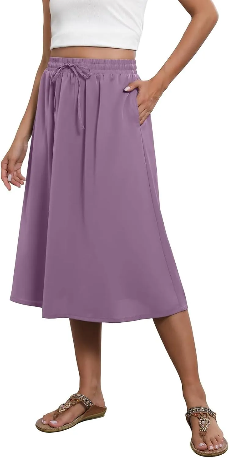 Flowy Skirt for Women Midi Length Drawstring Elastic High Waist A-Line Skirts with Pockets Bohemia Skirt 2025 Trendy
