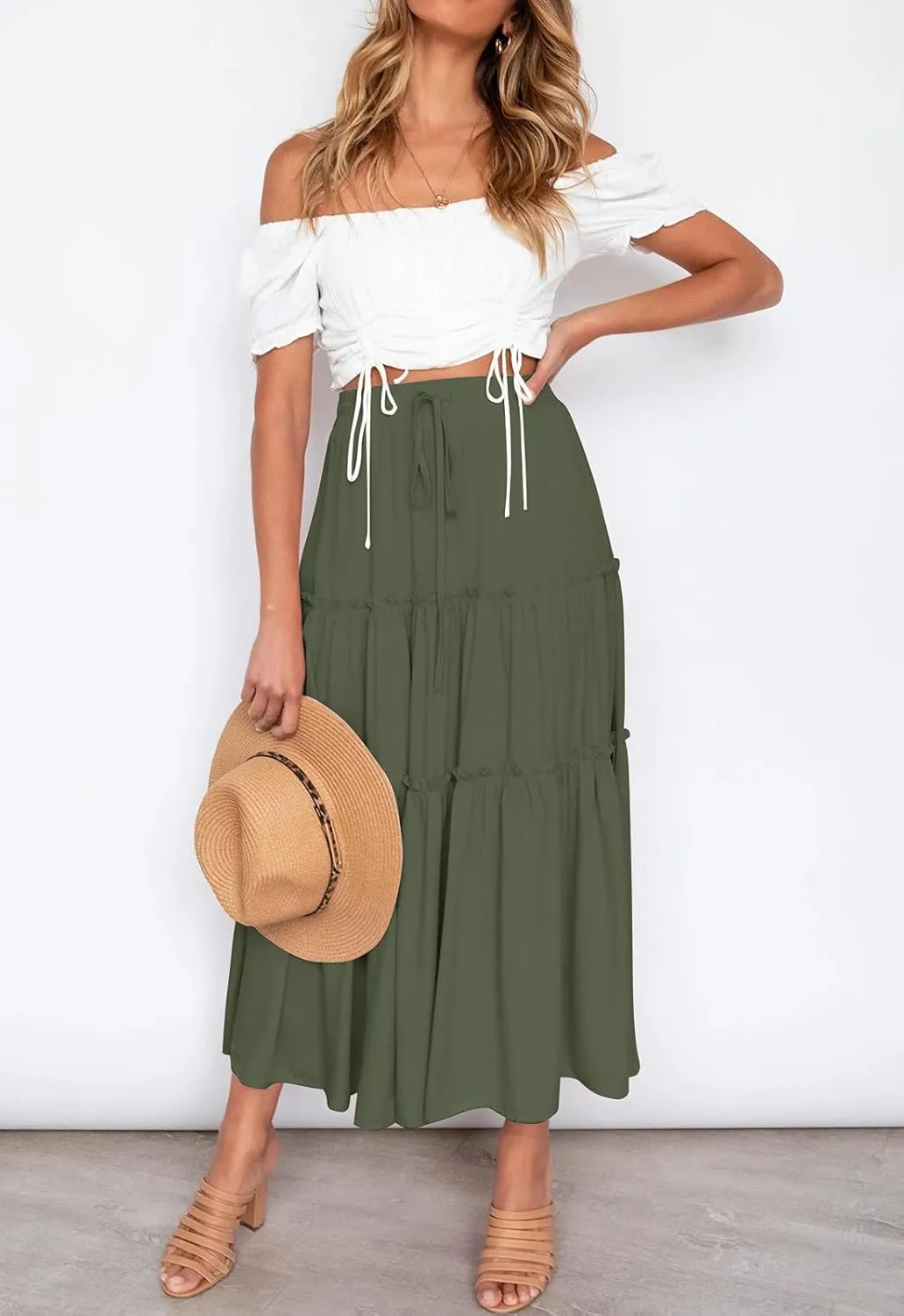 HAEOF Womens Summer Flowy Boho Midi Maxi Skirt Elastic High Waist A Line Pleated Tiered Trendy Beach Long Skirts with Pockets