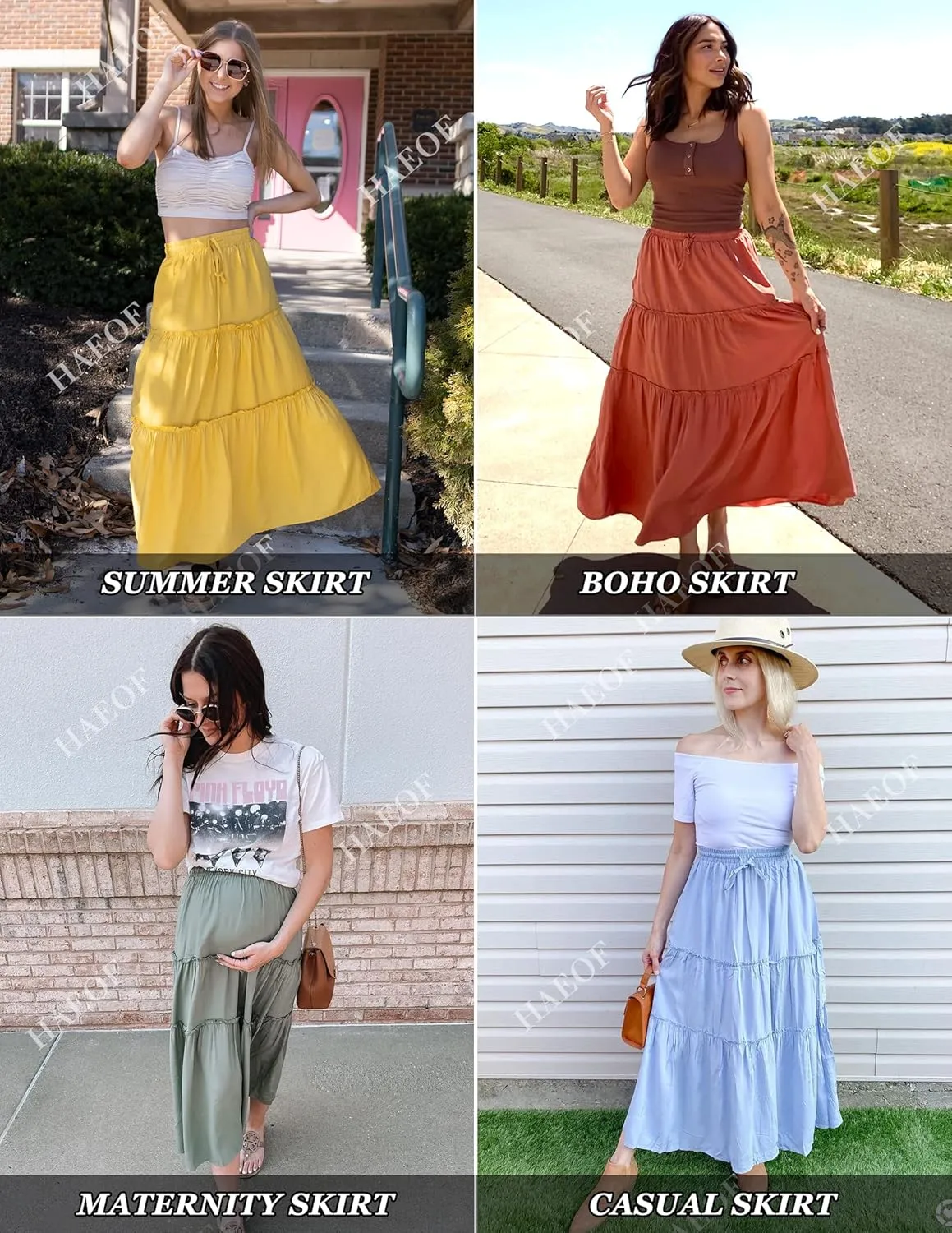 HAEOF Womens Summer Flowy Boho Midi Maxi Skirt Elastic High Waist A Line Pleated Tiered Trendy Beach Long Skirts with Pockets