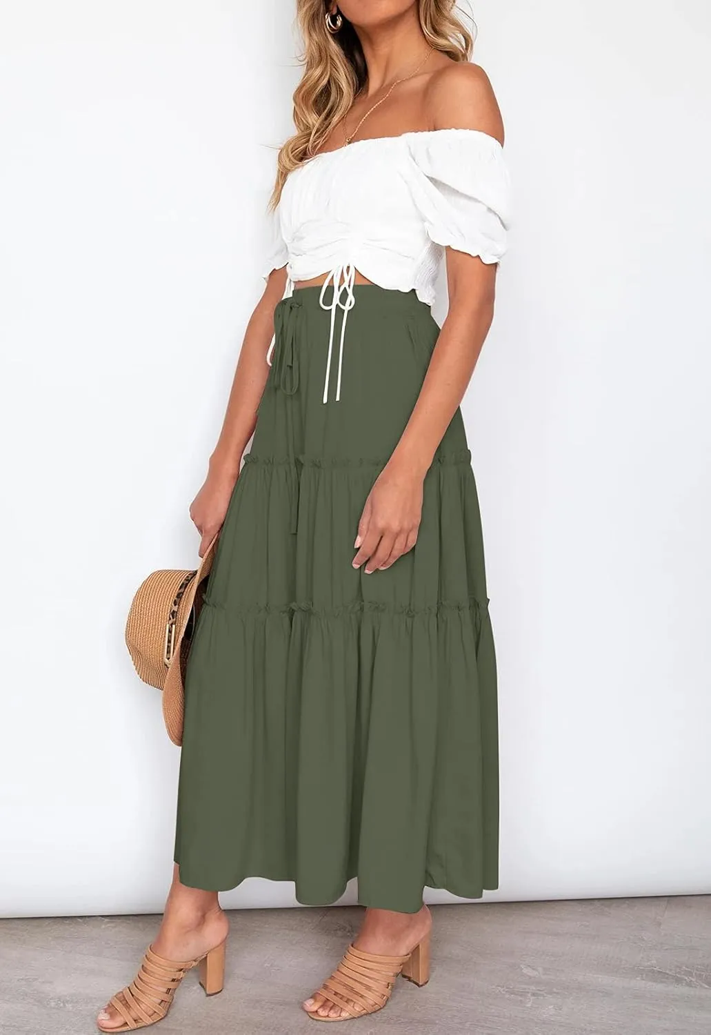 HAEOF Womens Summer Flowy Boho Midi Maxi Skirt Elastic High Waist A Line Pleated Tiered Trendy Beach Long Skirts with Pockets