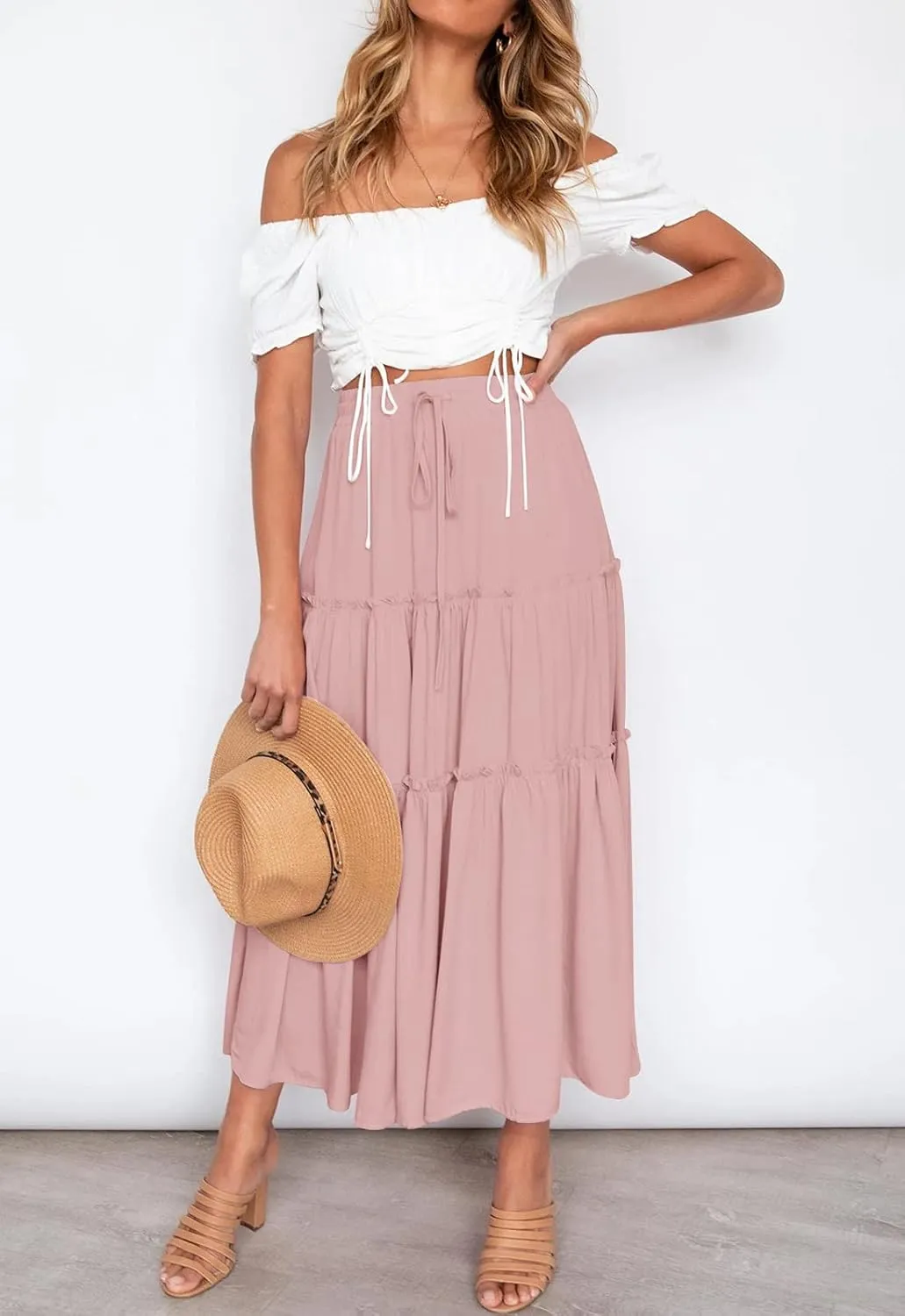 HAEOF Womens Summer Flowy Boho Midi Maxi Skirt Elastic High Waist A Line Pleated Tiered Trendy Beach Long Skirts with Pockets