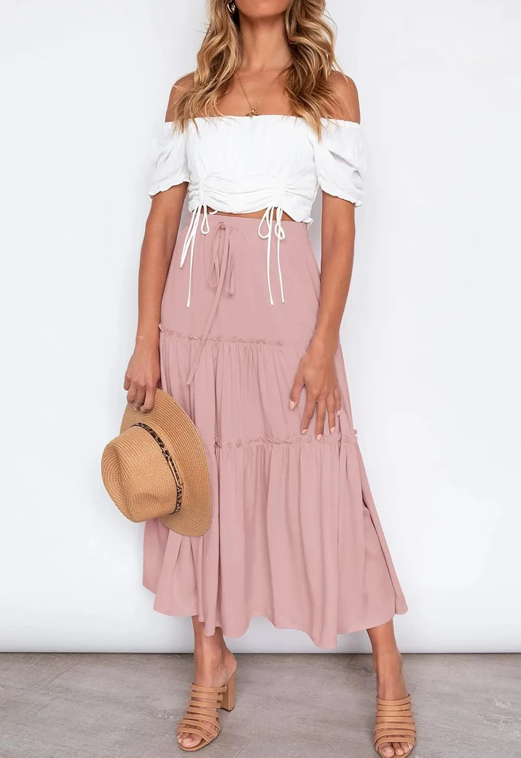 HAEOF Womens Summer Flowy Boho Midi Maxi Skirt Elastic High Waist A Line Pleated Tiered Trendy Beach Long Skirts with Pockets
